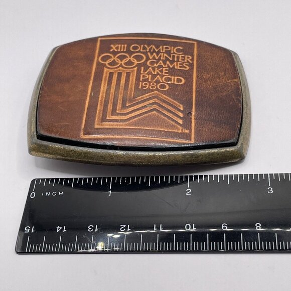 1980 VTG Lake Placid Olympics Winter New York Brown Leather Belt Buckle El Cid - Picture 9 of 10
